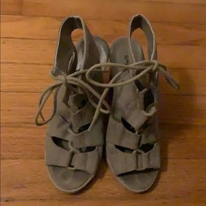 Gray Suede Open-Toe Lace Up Booties Heels